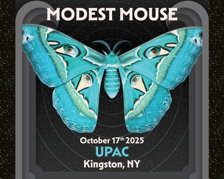 A Large Blue Butterfly Accompanied with the text: Modest Mouse - October 17th at UPAC in Kingston New York.